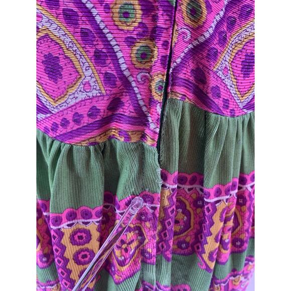 Vintage Paisley Print Maxi Dress Pink Green Glitter Boho 70s Slim Aarons Size M - Picture 8 of 9